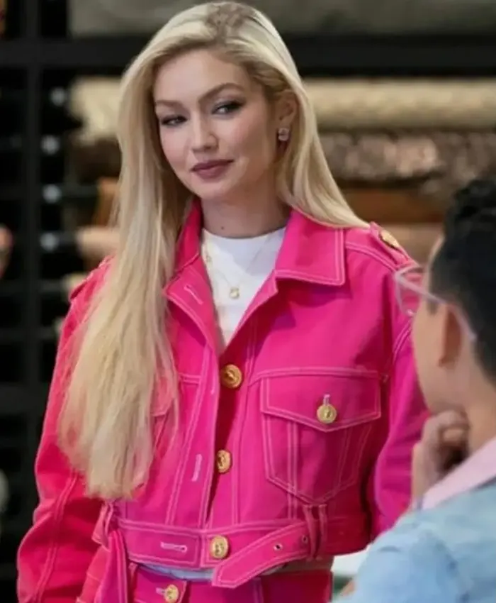 Gigi Hadid Next In Fashion Season 2 Belted Waist Pink Cropped Jacket Front