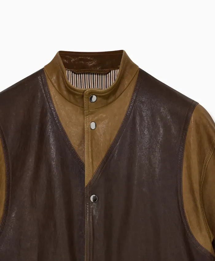 Giorgio Armani x Kith Straps Brown Leather Jacket at Discounted Price Front View
