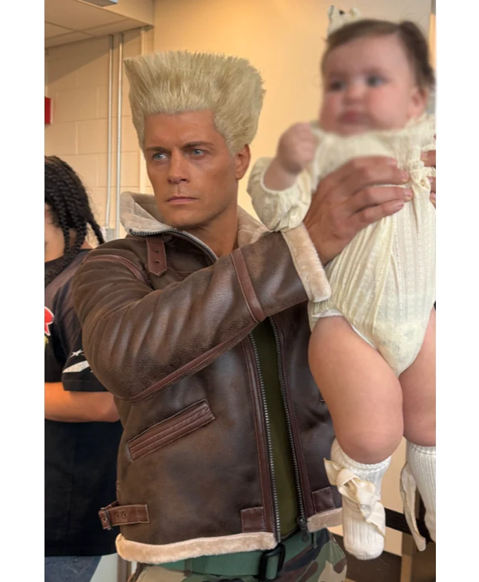 Guile In The Wild Street Fighter Cody Rhodes Brown Leather Shearling Bomber Jacket Front