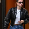 Hailey Bieber Los Angeles 2026 Black Oversized Cropped Leather Bomber Jacket