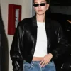 Hailey Bieber Los Angeles 2026 Black Oversized Cropped Leather Bomber Jacket Front