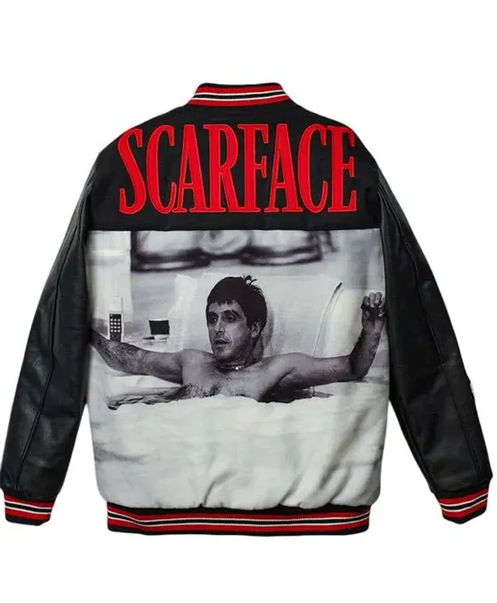Halloween Couple Scarface Lettering Black Varsity Jacket at Discounted Price Back View