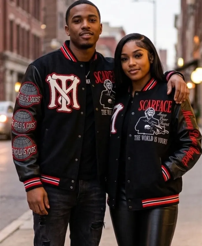 Halloween Couple Scarface Lettering Black Varsity Jacket