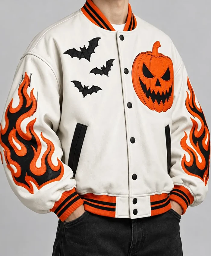 Halloween x Spooky Pumpkin Flame Leather Jacket