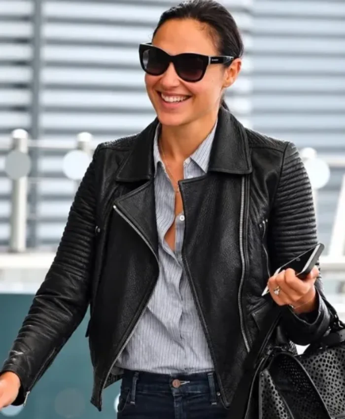 Order Heathrow Airport Gal Gadot Zipper Black Leather Biker Jacket For Men and Women