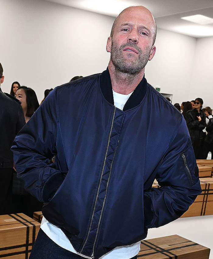 Jason Statham London Fashion Week 2026 Blue Satin Bomber Jacket