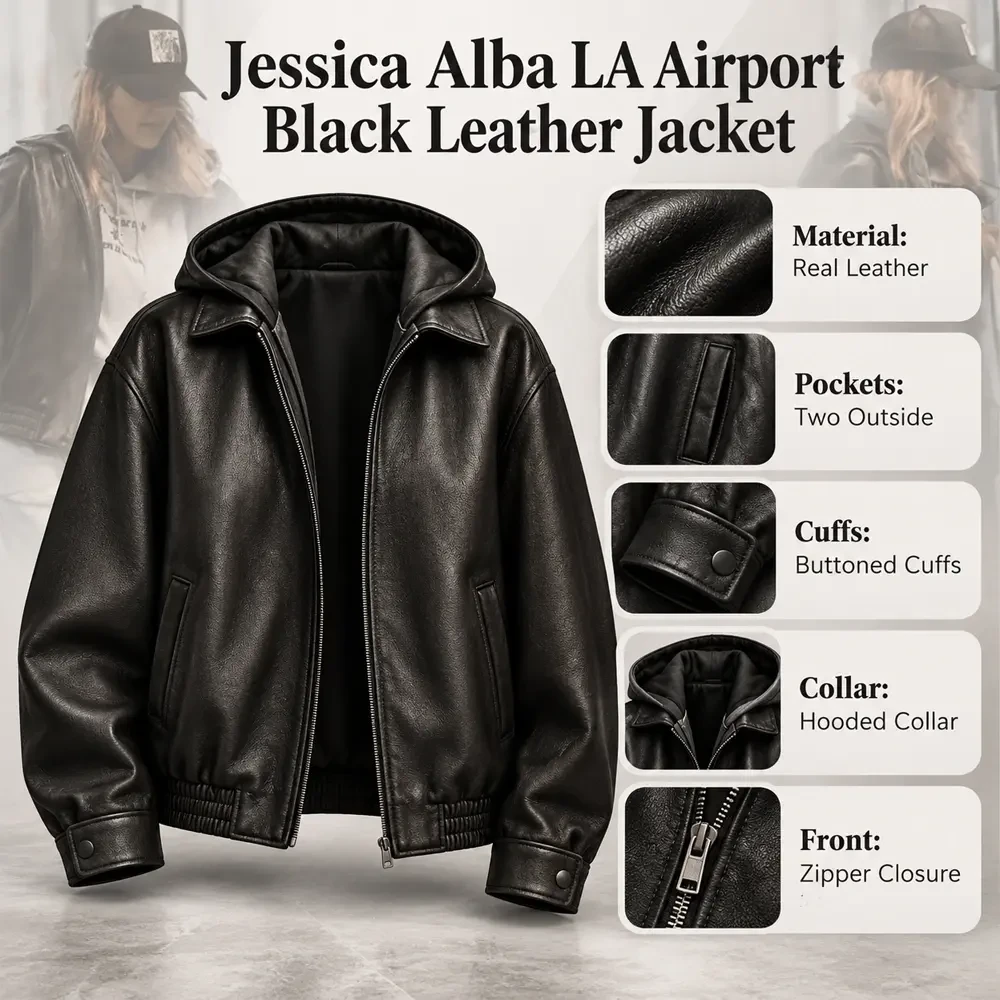 Jessica Alba LA Airport Black Leather Jacket Infographic