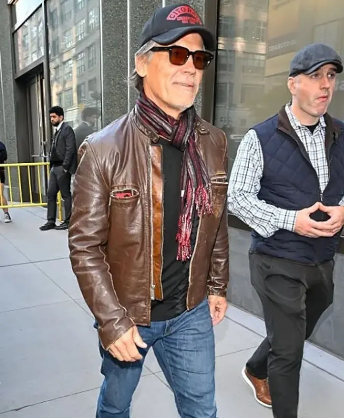 Josh Brolin Good Morning America 2026 Distressed Brown Leather Cafe Racer Jacket