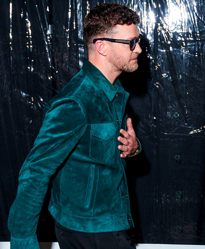 Justin Timberlake Matchbox The Movie Premiere 2026 Teal Green Suede Leather Jacket