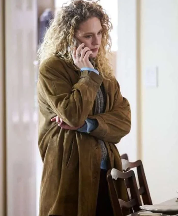 Kat Cunning TV Series Line of Fire 2026 Clare Hollingsworth Brown Suede Leather Jacket Front View