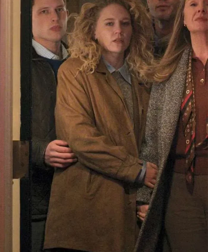Kat Cunning TV Series Line of Fire 2026 Clare Hollingsworth Brown Suede Leather Jacket Side View