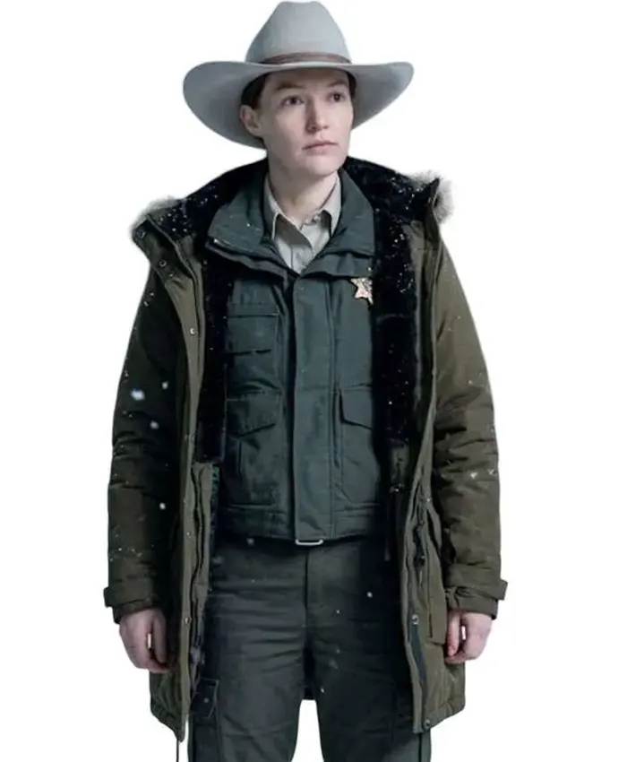 Kelly Macdonald TV Series Lanterns 2026 Sheriff Kerry Kane Green Hooded Fur Coat Front