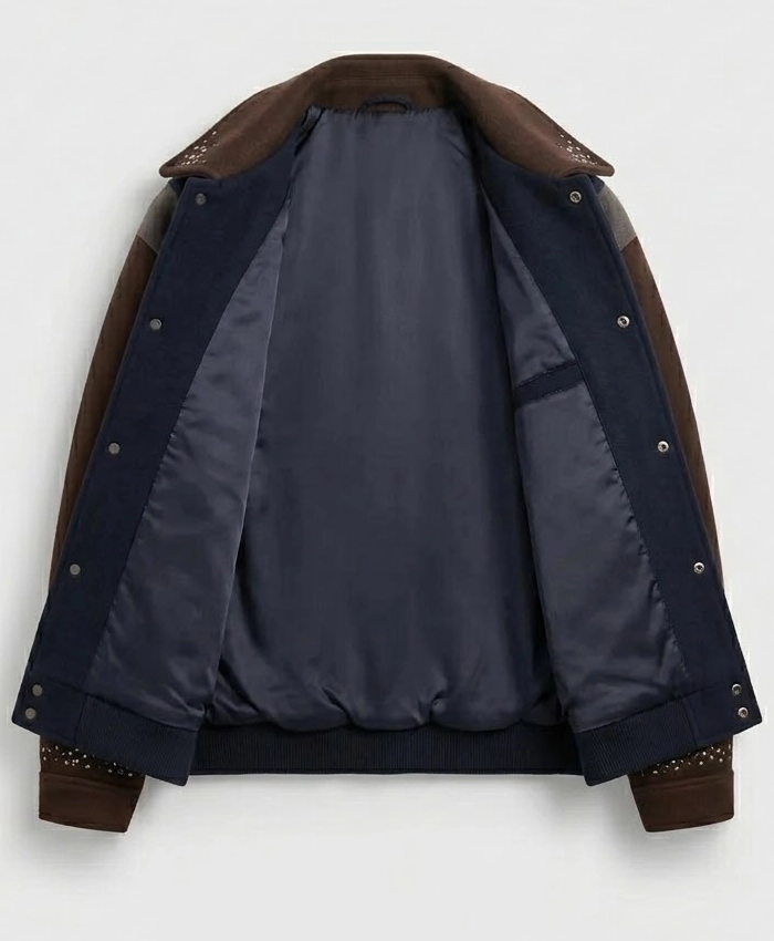 Kith Melton Wool Studded Navy and Brown Full Snap Varsity Jacket Front View