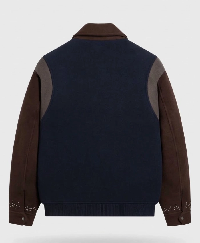 Kith Melton Wool Studded Navy and Brown Full Snap Varsity Jacket