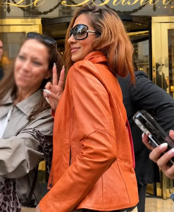 Lara Raj Paris Fashion Week 2026 Orange Leather Jacket Side