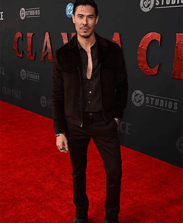 Lewis Tan Movie Clayface Premiere 2026 Dark Brown Suede Leather Jacket Front