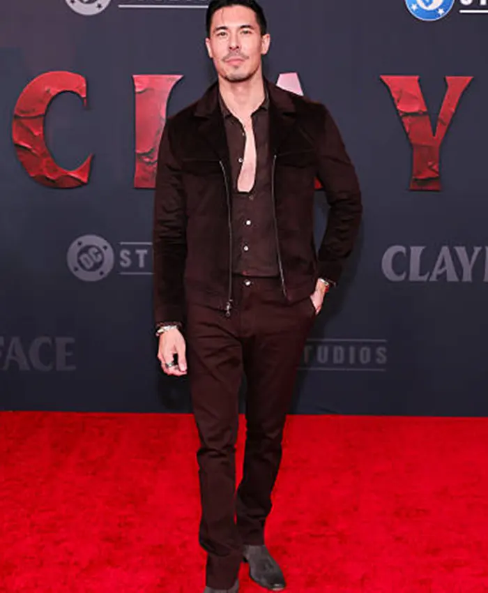 Lewis Tan Movie Clayface Premiere 2026 Dark Brown Suede Leather Jacket