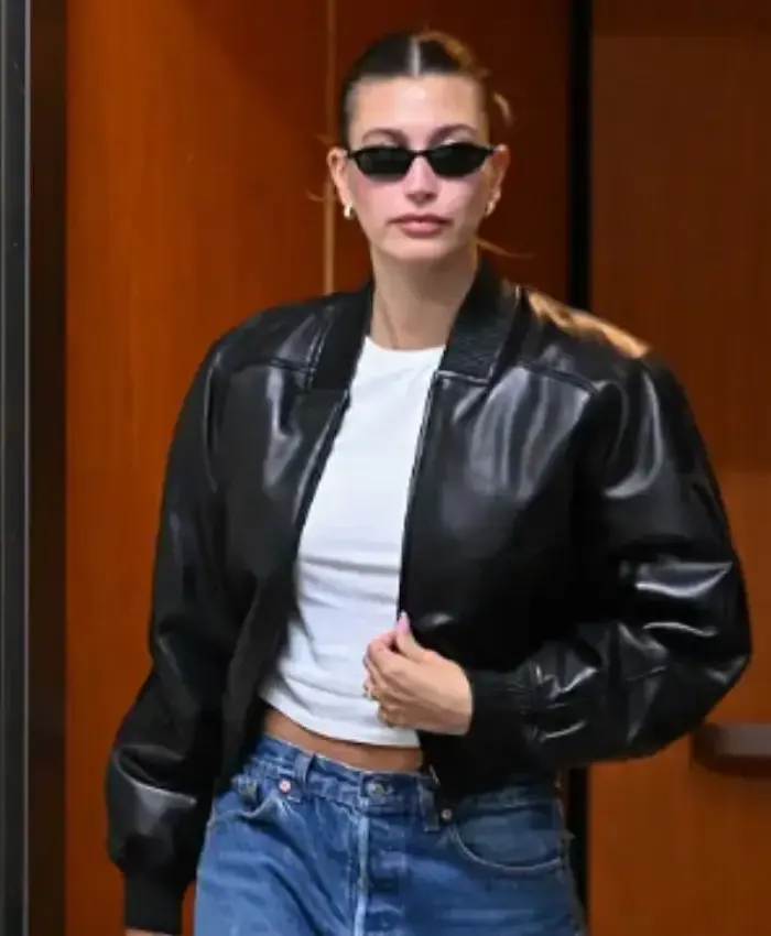 Los Angeles Hailey Bieber Leather Bomber Jacket