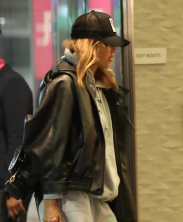 Los Angeles International Airport 2026 Jessica Alba Black Leather Jacket Side View