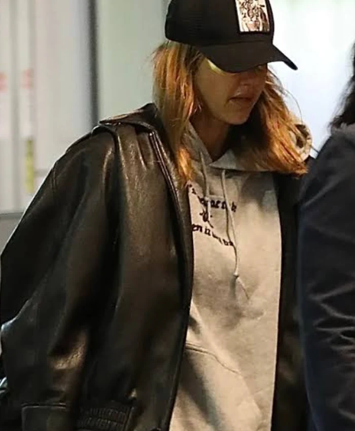 Los Angeles International Airport 2026 Jessica Alba Black Leather Jacket