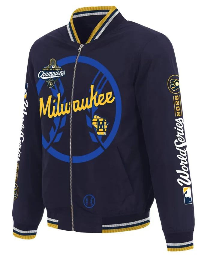 MLB-Milwaukee-Brewers-JH-Design-2026-World-Series-Champions-Satin-Navy-Blue-Bomber-Jacket-front-view
