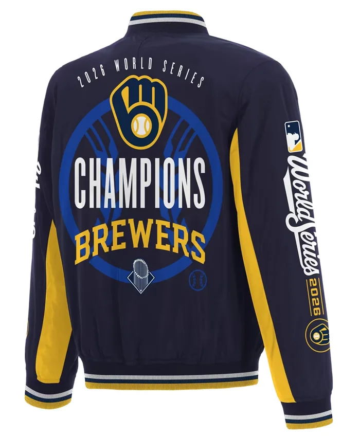 MLB-Milwaukee-Brewers-JH-Design-World-Series-Champions-2026-Navy-Blue-Satin-Bomber-Jacket-back-view