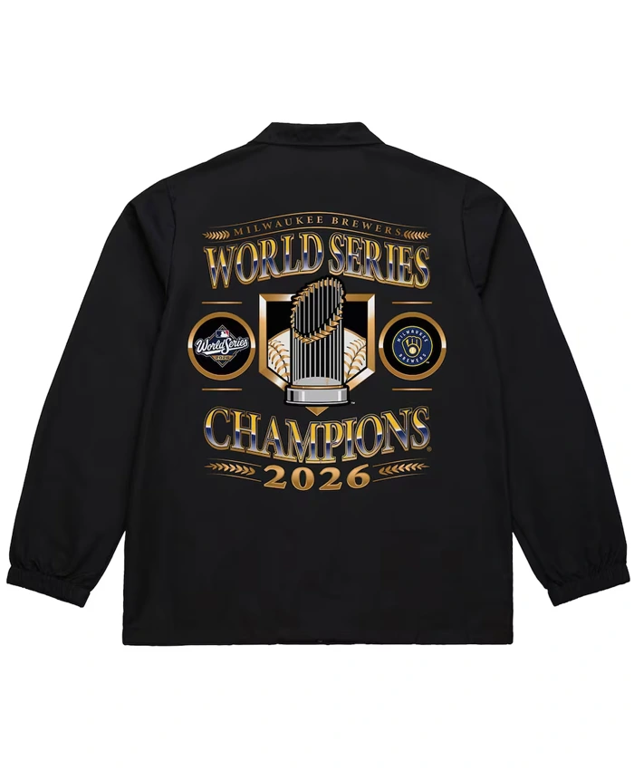 MLB-Milwaukee-Brewers-Mitchell-Ness-World-Series-Champions-2026-Black-Satin-Coaches-Jacket-back-view