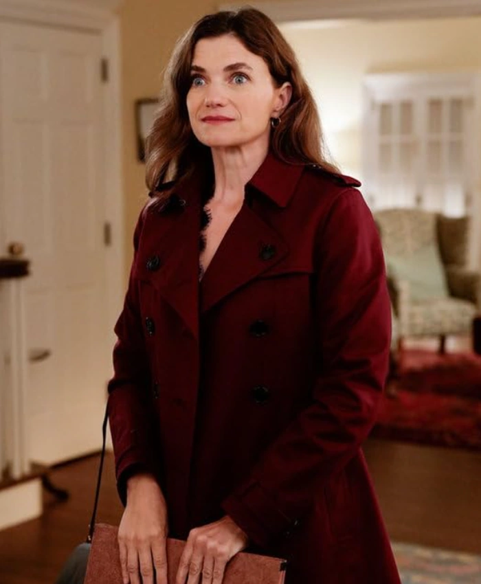 Marcia TV Series Line of Fire 2026 Megan Ferguson Maroon Belted Coat Front