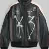 Mark Gonzales Adidas Y-3 x Chito Graphic Black and White Leather Bomber Jacket Front