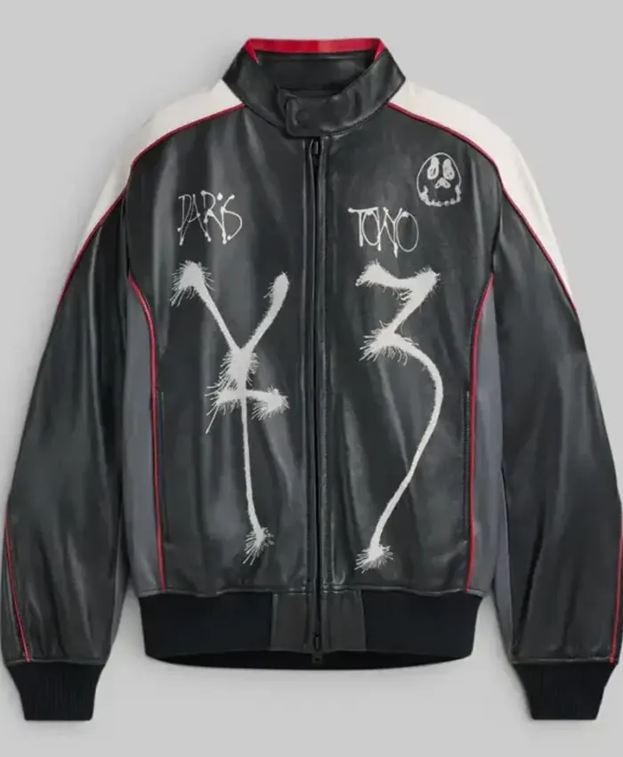 Mark Gonzales Adidas Y-3 x Chito Graphic Black and White Leather Bomber Jacket Front