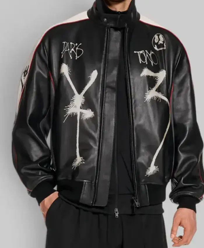 Mark Gonzales Adidas Y-3 x Chito Graphic Black and White Leather Bomber Jacket