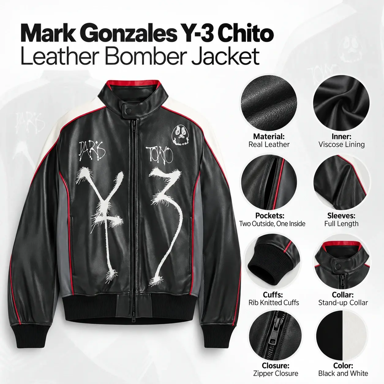 Mark Gonzales Y-3 Chito Leather Bomber Jacket Infographic