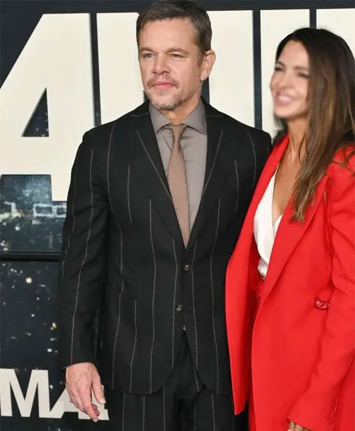 Matt Damon Movie Animals’ Premiere Red Carpet Black Pinstripe Suit Front