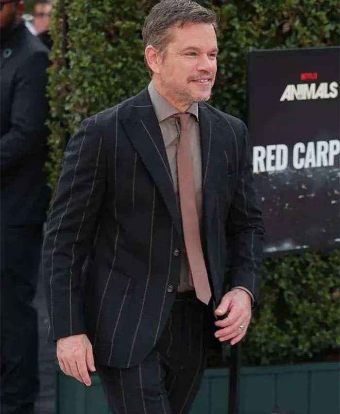Matt Damon Movie Animals’ Premiere Red Carpet Black Pinstripe Suit