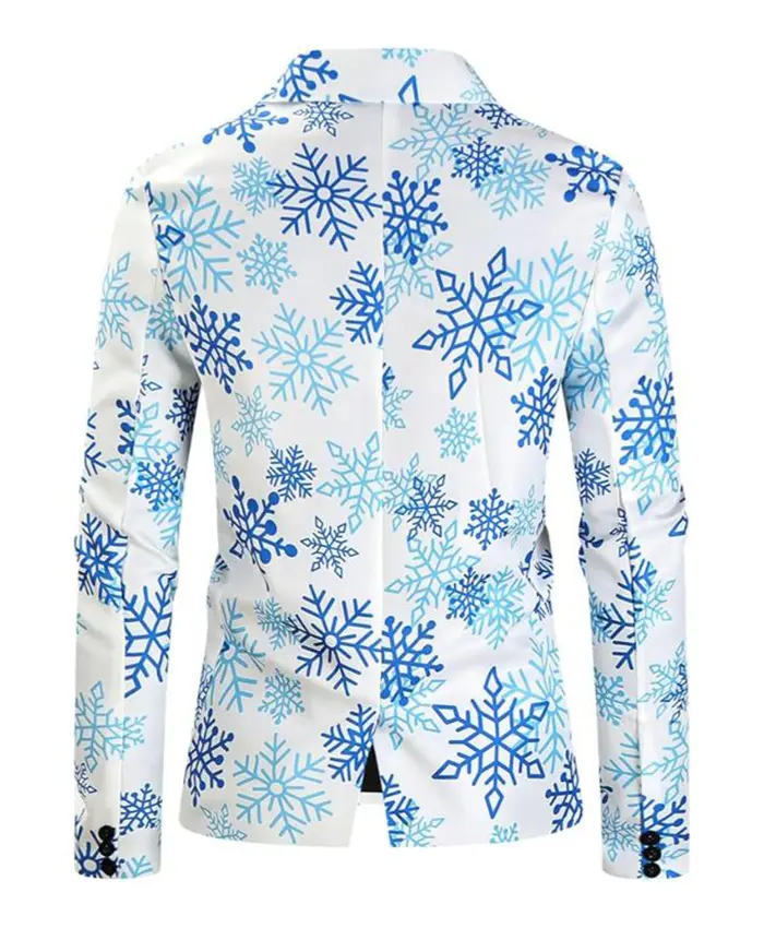 Men’s Christmas White Snowflake Print Suiting Fabric Blazer On Sale