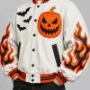 Men's Halloween x Spooky Pumpkin Flame White Leather Bomber Jacket