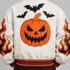 Men's Halloween x Spooky Pumpkin Flame White Leather Bomber Jacket Back