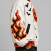 Men's Halloween x Spooky Pumpkin Flame White Leather Bomber Jacket Side