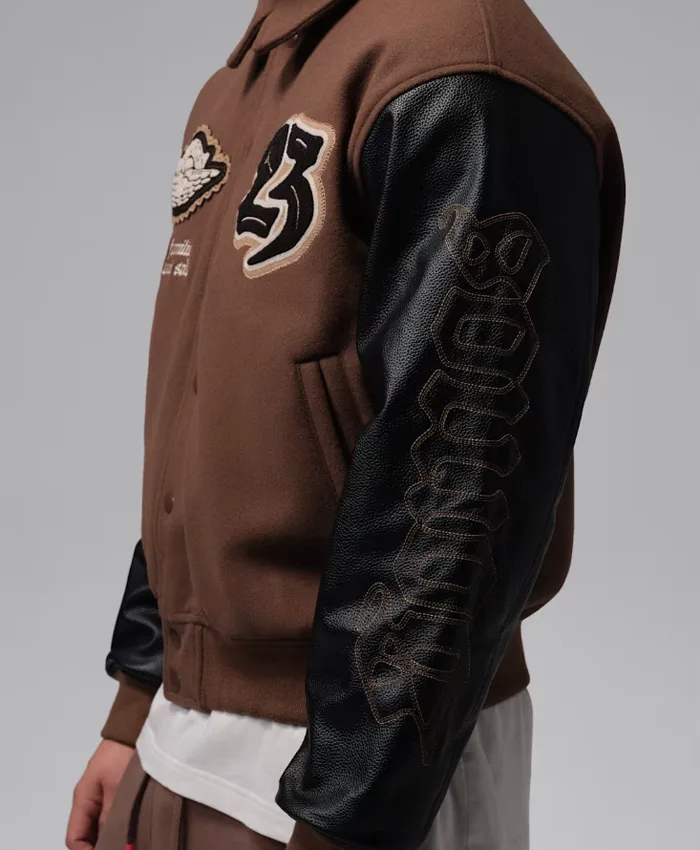 Men's Jordan Flight Día de Muertos Brown and Black Varsity Jacket Side View