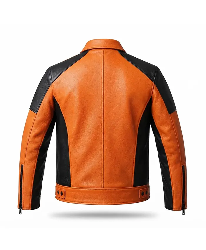 Men's Pumpkin Jack-O-Lantern Halloween Orange and Black Leather Biker Jacket