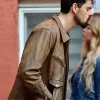 Michele Morrone on Movie Set The Housemaid Secret 2027 Brown Leather Jacket Side View