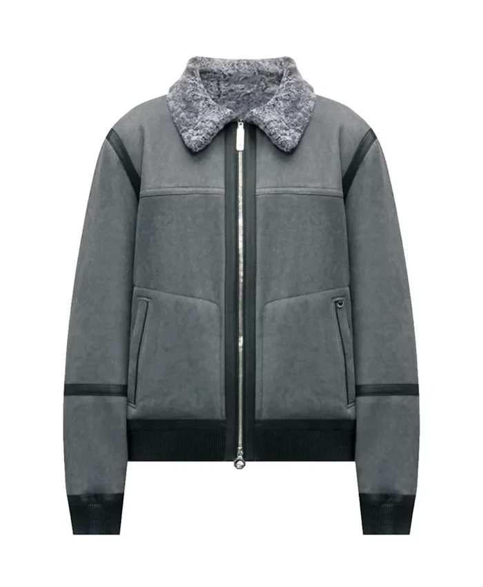 Mike Tyson TV Series Tyson 2026 Grey Suede Shearling Bomber Jacket Front