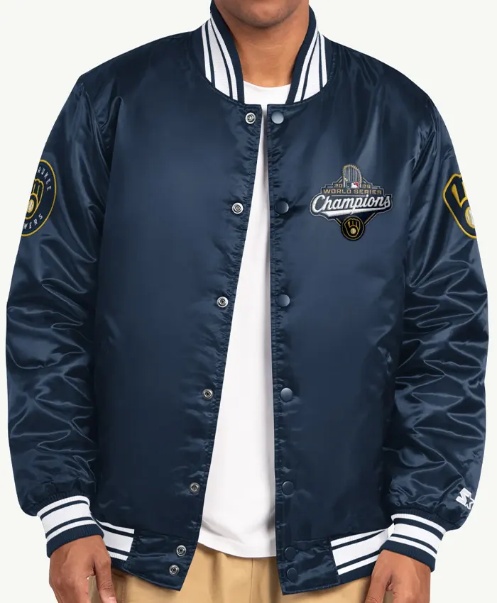 Milwaukee Brewers Embroidered WS 2026 Champions Satin Bomber Varsity Jacket