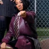 Monica Attends Chris Brown & Usher Concert 2026 Burgundy Leather Bomber Jacket