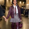 Monica Attends Chris Brown & Usher Concert 2026 Burgundy Leather Bomber Jacket Front