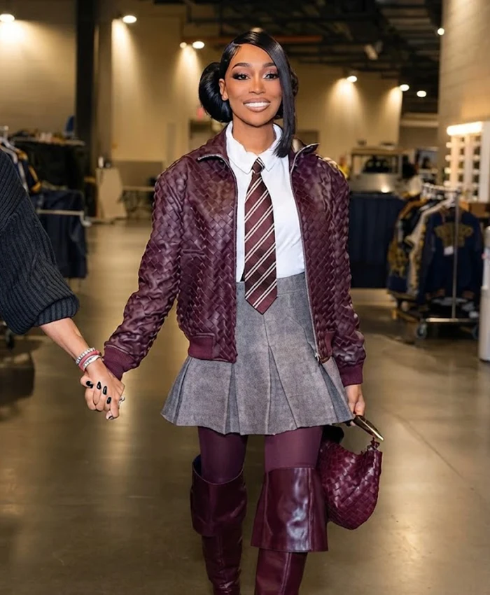 Monica Attends Chris Brown & Usher Concert 2026 Burgundy Leather Bomber Jacket Front