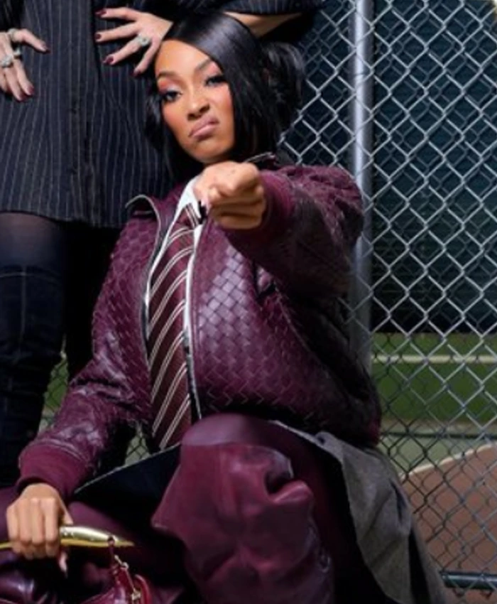 Monica Attends Chris Brown & Usher Concert 2026 Burgundy Leather Bomber Jacket