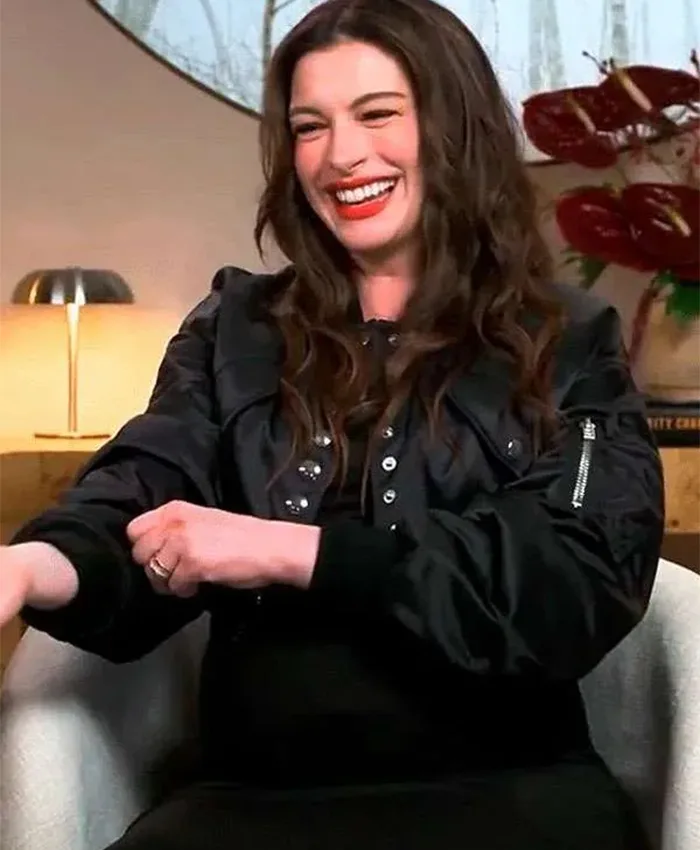 Movie Verity Premiere Night 2026 Anne Hathaway Black Cropped Bomber Jacket