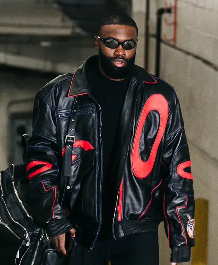 NBA-Jaylen-Brown-Philadelphia-76ers-vs-New-York-Knicks-Jeff-Hamilton-Oakley-Black-Leather-Jacket-front-view