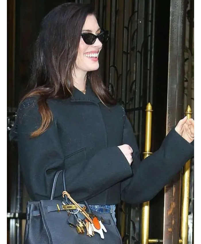 New York City 2026 Anne Hathaway Teal Green Wool Jacket Side View